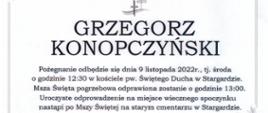 Nekrolog dot. uroczystości pogrzebowych dyrektora szkoły Grzegorza Konopczyńskiego.