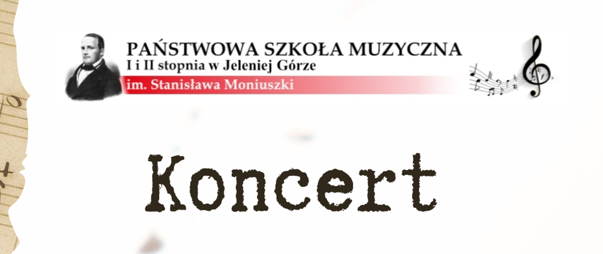 Beżowo-brązowa kolorystyka. W lewym dolnym roku zestaw różnych instrumentów muzycznych. pionowe krawędzie plakatu zdobią stare nuty ułożone w kształcie porwanych skrawków nut. Czarne napisy: Koncert semestralny 28 stycznia 2025, wtorek, godzina 17:00, Sala koncertowa Filharmonii Dolnośląskiej im. Stefana Strahla.