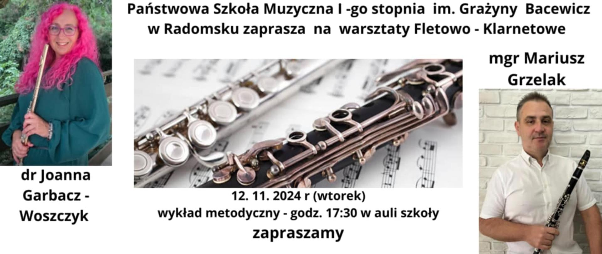 Na białym tle znajdują się napisy informacyjne w kolorze czarnym, a także zdjęcia fletu i klarnetu na kartce z zapisem nutowym ( w środku plakatu) oraz zdjęcia wykładowców prowadzących warsztaty po lewej i prawej stronie zdjęcia głównego z instrumentami.