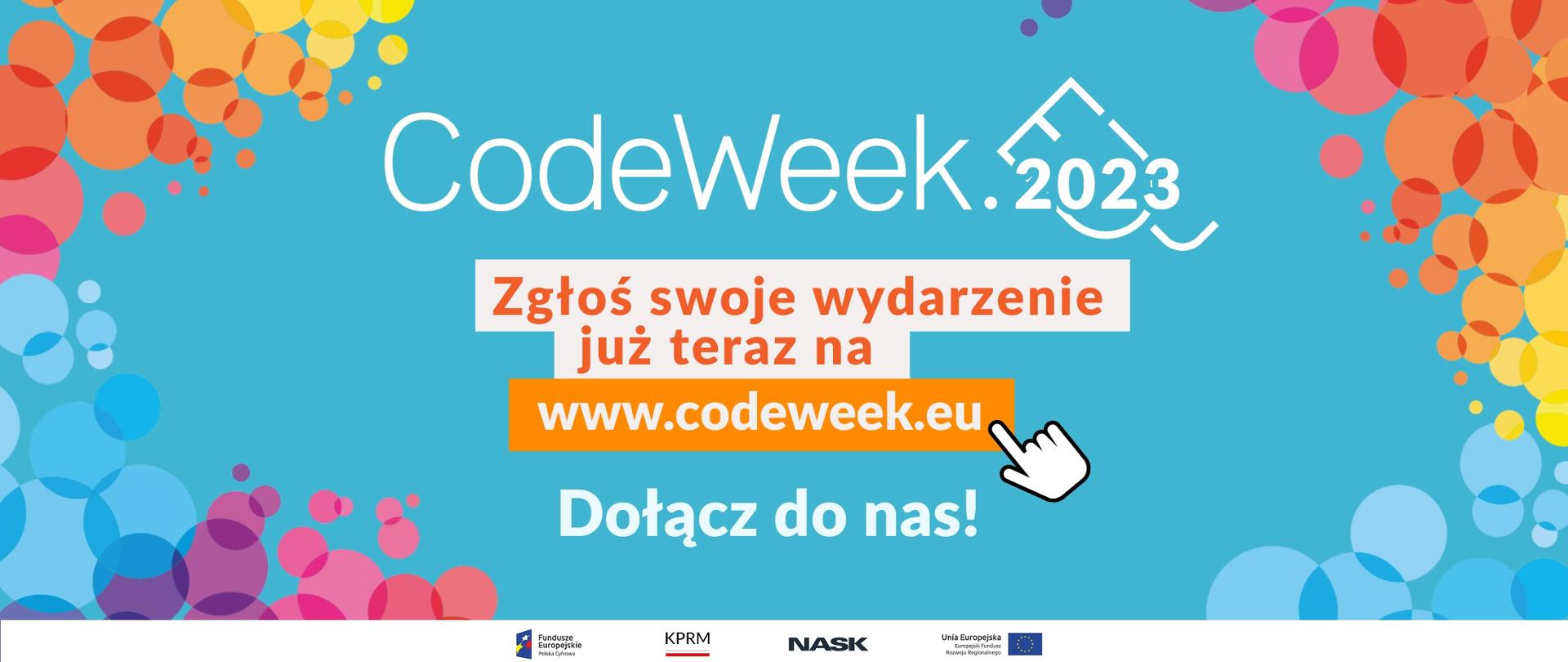 Grafika wektorowa z tekstem:CodeWeek 2023 - zgłoś swoje wydarzenie już teraz na codeweek.eu. Dołącz do nas!