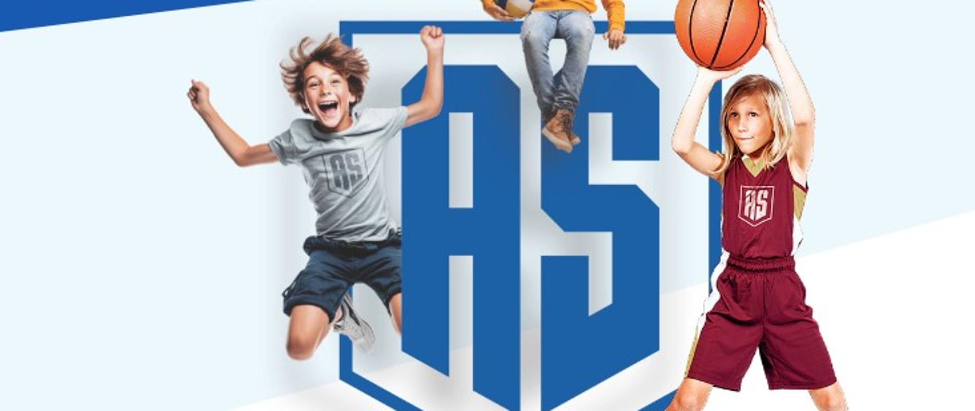 dziewczynka na boisku trzyma piłkę do koszykówki, chłopiec skacze i się uśmiecha, w tle napis aktywna szkoła 