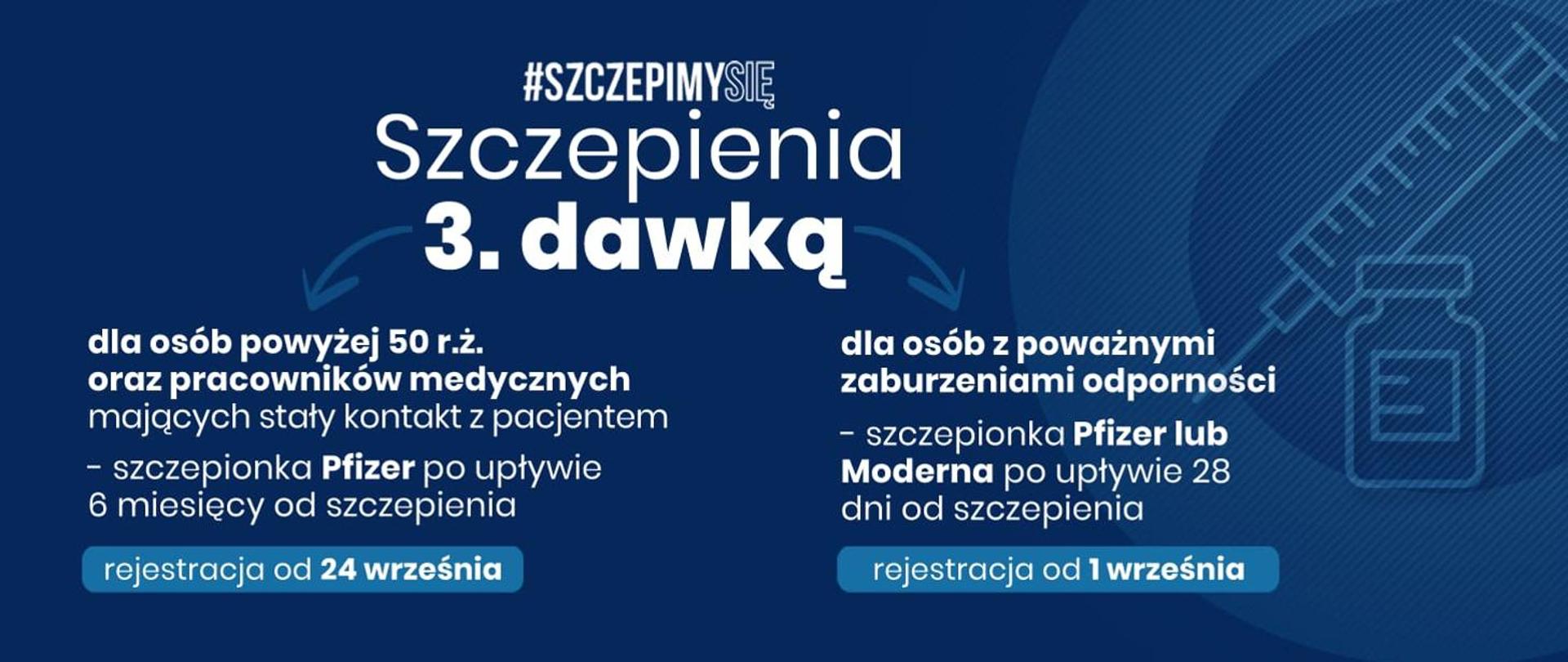 Biały napis na granatowym tle: Szczepienia trzecią dawką. Dla osób powyżej 50roku życia oraz pracowników medycznych mających stały kontakt z pacjentem - szczepionka Pfizer po upływie 6 miesięcy od szczepienia, rejestracja od 24 września. Dla osób z poważnymi zaburzeniami odporności - szczepionka Pfaizer lub Moderna po upływie 28 dni od szczepienia - rejestracja od 1 września