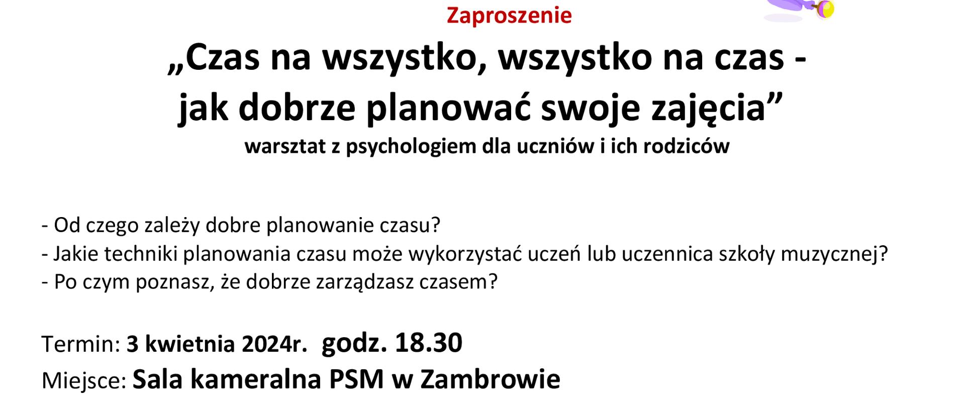 Na białym tle umiejscowione jest logo organizatora a w centralnej części od góry informacje organizacyjne: temat warsztatów, termin, miejsce oraz informacje o prowadzącym