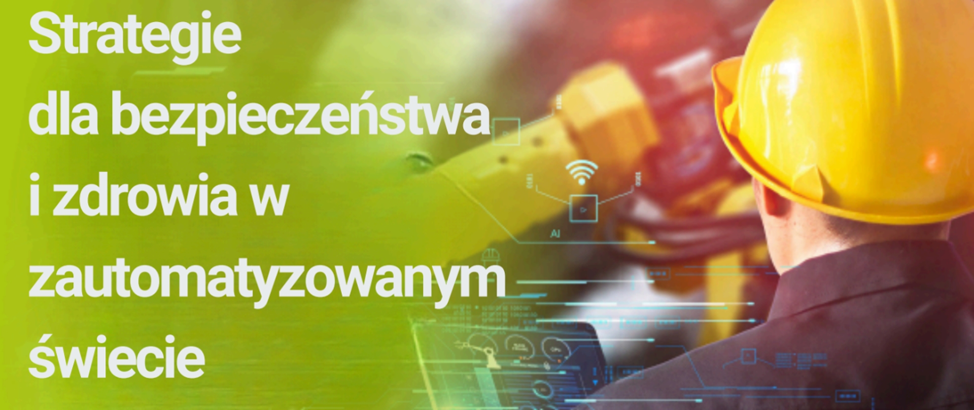 Zdjęcie przedstawia mężczyznę pracującego w zakładzie pracy, na głowie ma kas a w tle widnieje aparatura.