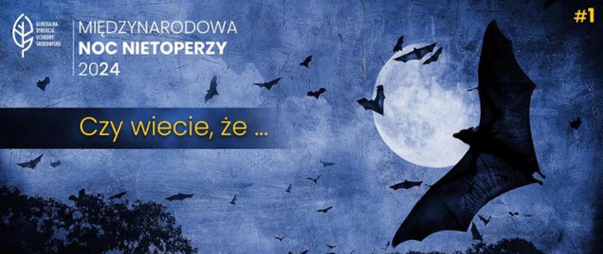 Nocnie niebo z księżycem w pełni na jego tle latają nietoperze i napis Międzynarodowa Noc Nietoperzy 2024. Czy wiecie, że ..." 