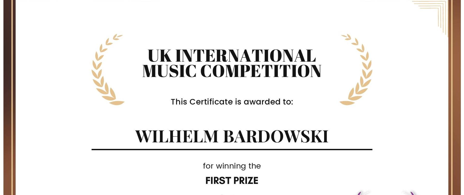 Dyplom Wilhelma Bardowskiego za zajęcie I miejsca w UK International Music Competition Online.