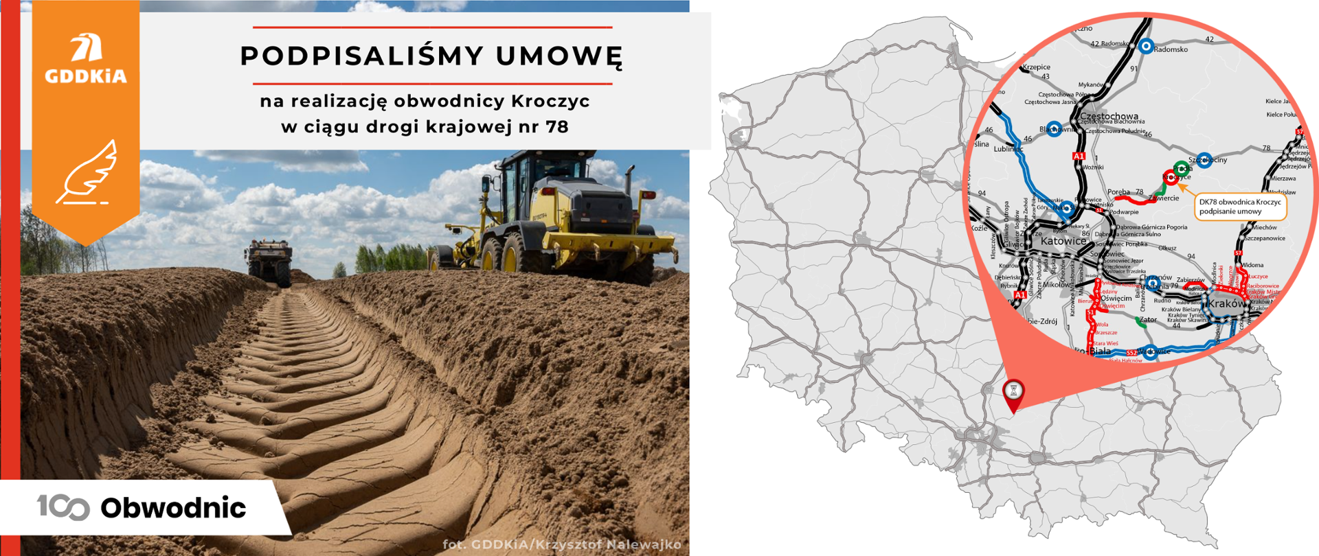 Grafika na okoliczność podpisania umowy na budowę obwodnicy Kroczyc w ciągu DK78. Lewą część grafiki zajmuje fotografia budowanej drogi, prawą mapa z lokalizacją inwestycji. 