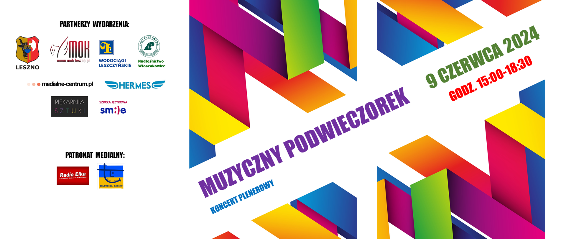 Plakat Muzyczny podwieczorek koncert plenerowy z kolorową grafiką i logami sponsorów