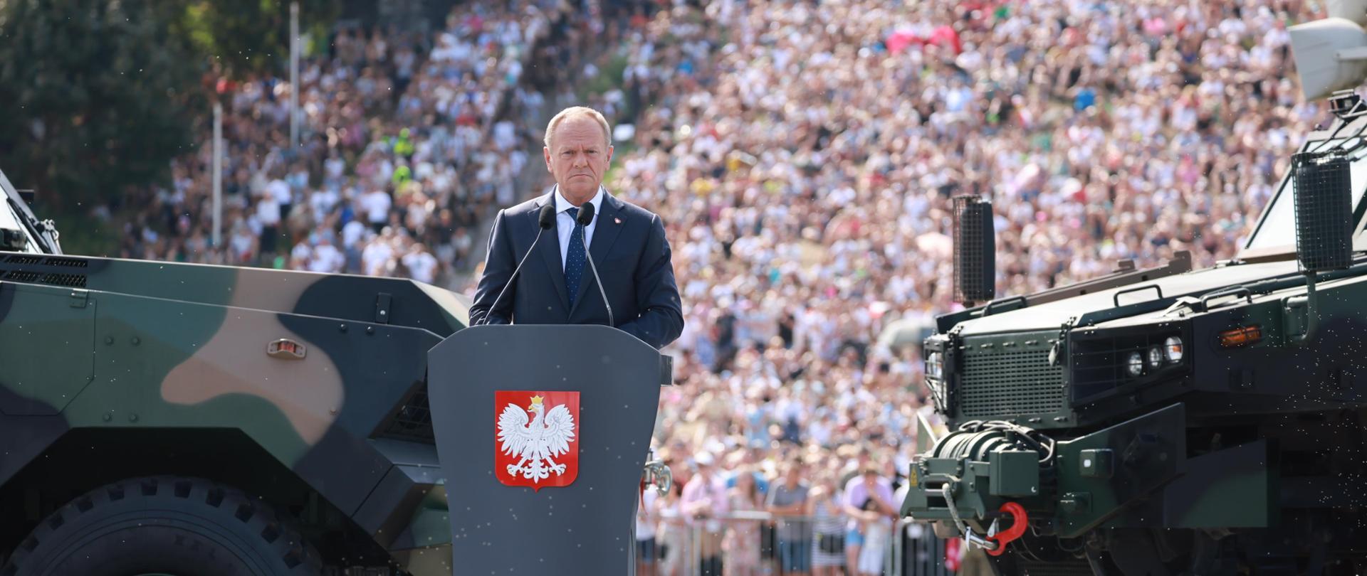 Prime Minister Donald Tusk during the parade on the occasion of Polish Army Day in Warsaw.