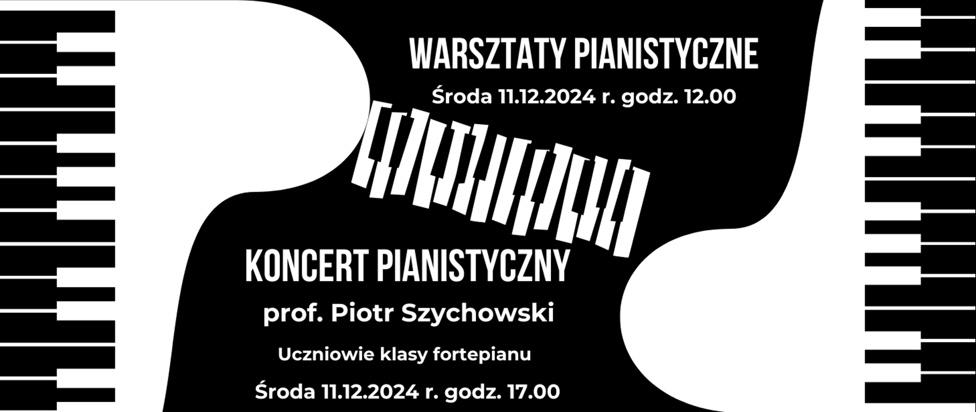 Plakat w kolorze czarno-białym z hasłem „warsztaty pianistyczne i koncert pianistyczny " oraz graficznym przedstawieniem fortepianu, zachęcający do udziału w wydarzeniu.