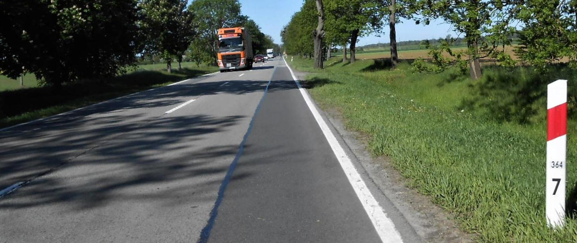 Słoneczny, letni dzień. Jednojezdniowa droga w otoczeniu drzew. Po drodze jadą pojazdy, na pierwszym planie ciężarówka. Po prawej stronie zdjęcia słupek pikietażowy.