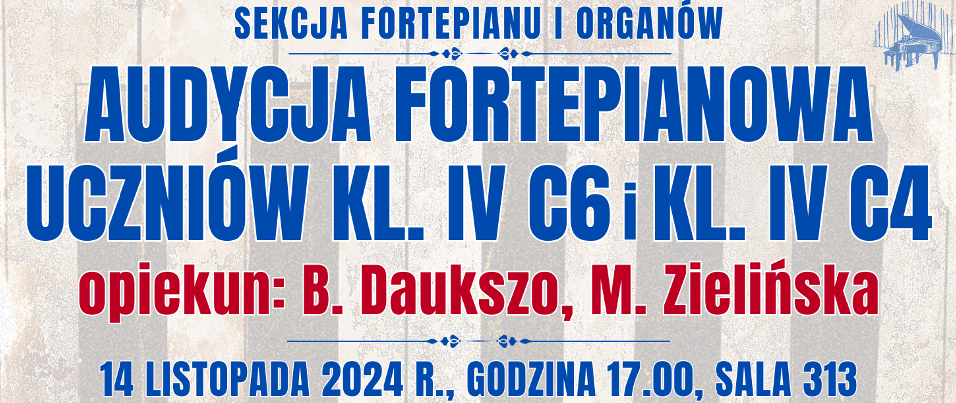 baner z półprzezroczystą klawiaturą fortepianu oraz informacja o audycji klasy fortepianu