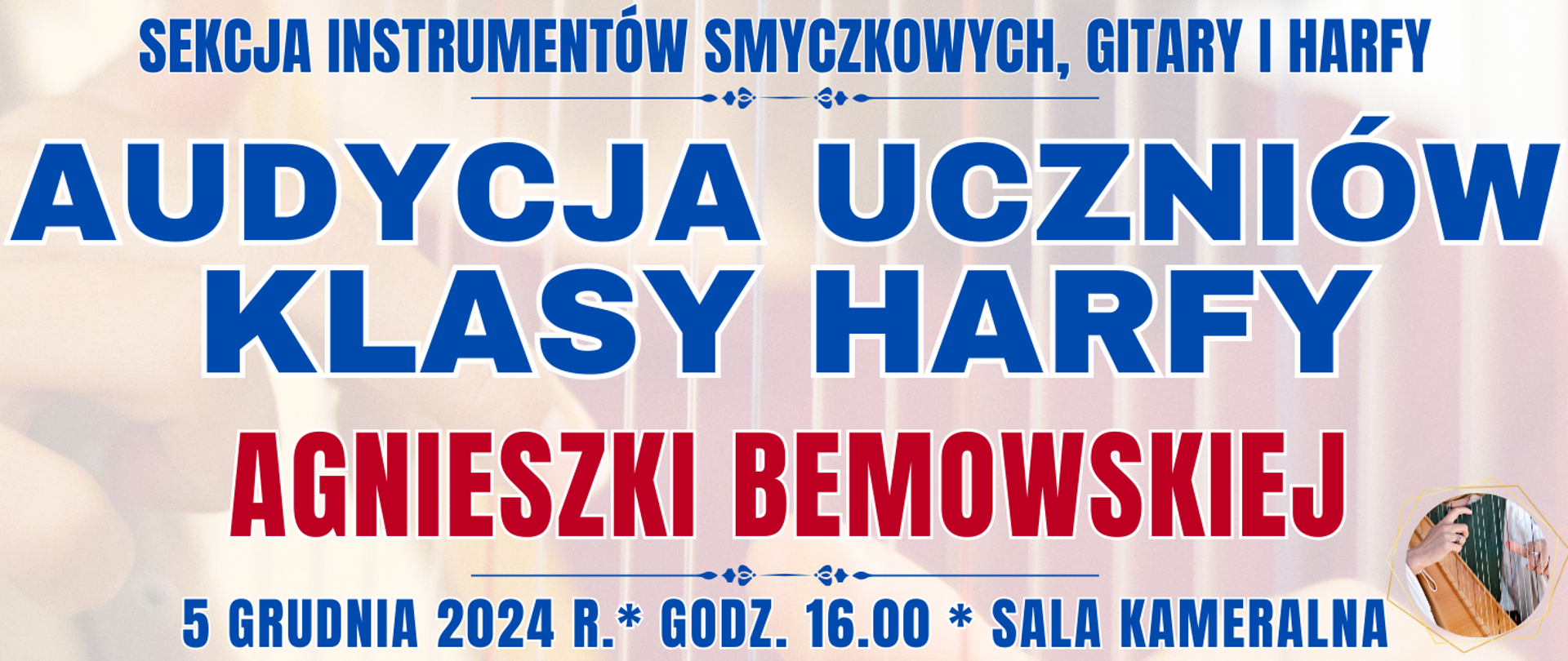 baner z półprzezroczystymi strunami harfy oraz informacja o wydarzeniu