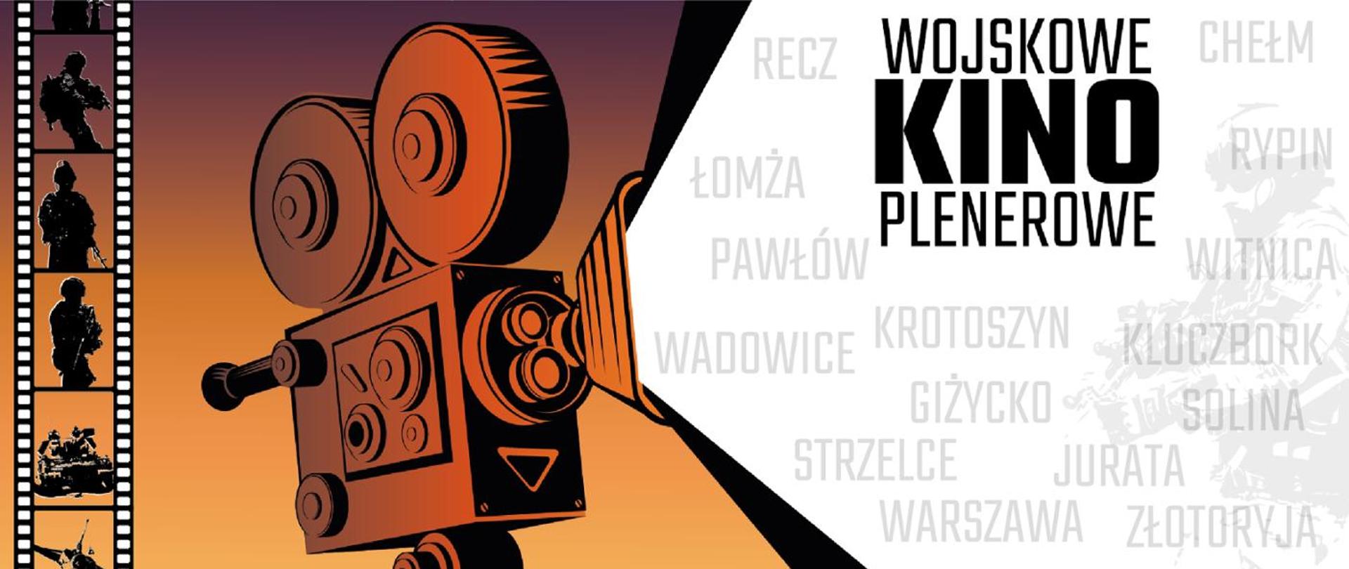 Grafika przedstawiająca kamerę, obok napis Wojskowe Kino Plenerowe