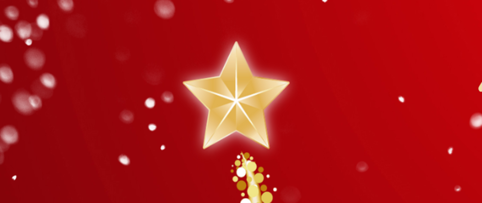 Grafika na czerwonym tle z ikoną choinki w kolorze złotem po lewej stronie. logo szkoły w prawym dolnym rogu i tekstem życzeń świątecznych od dyrektora, nauczycieli i pracowników szkoły.