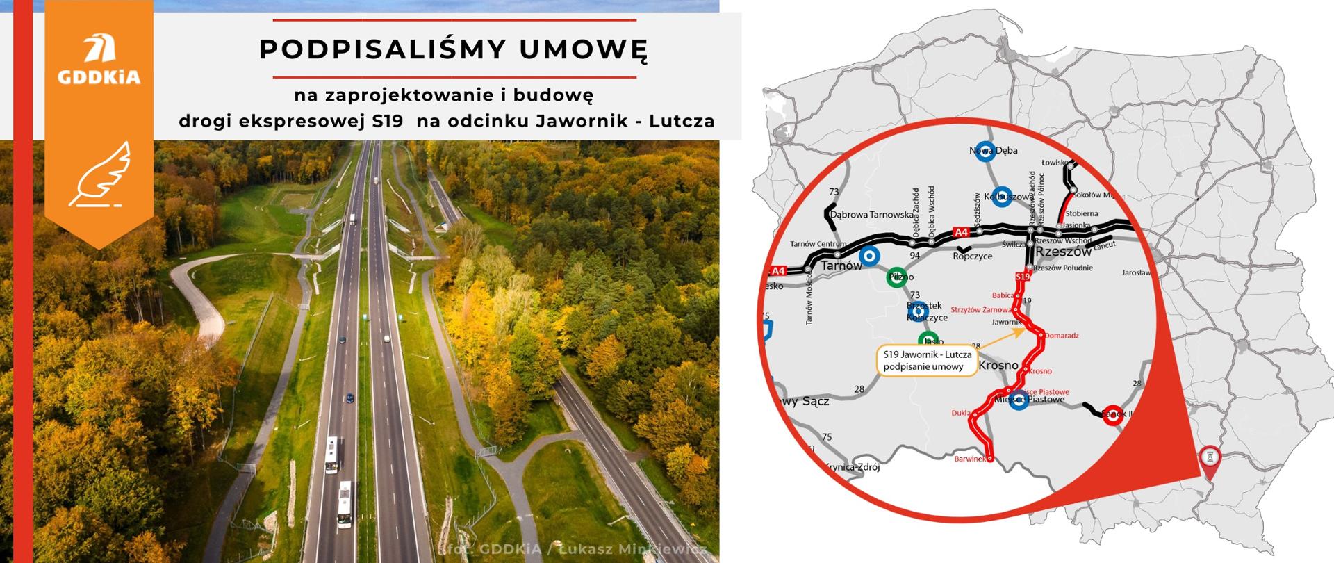 Grafika przedstawiająca mapę z zaznaczonym odcinkiem S19 Jawornik - Lutcza, na realizację którego podpisana została umowa na realizację.