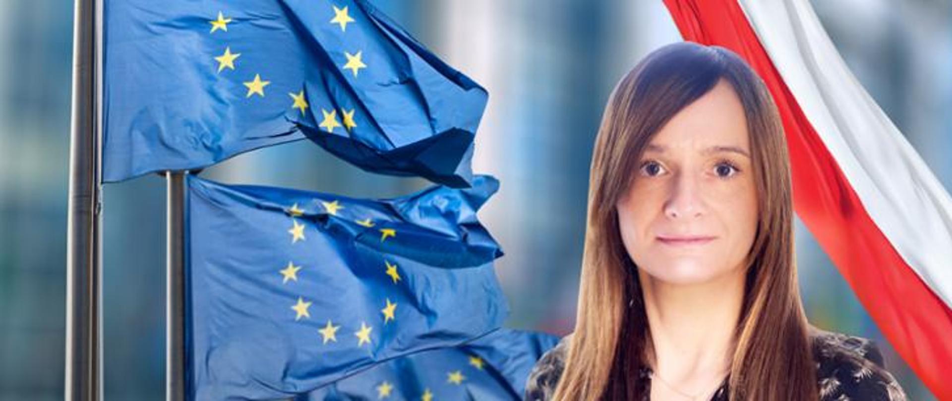 Katarzyna Prusak – Górniak Wiceprzewodniczącą Rady Zarządzającej Europejskiego Centrum Kompetencji Cyberbezpieczeństwa na tle flagi Polski i Unii Europejskiej