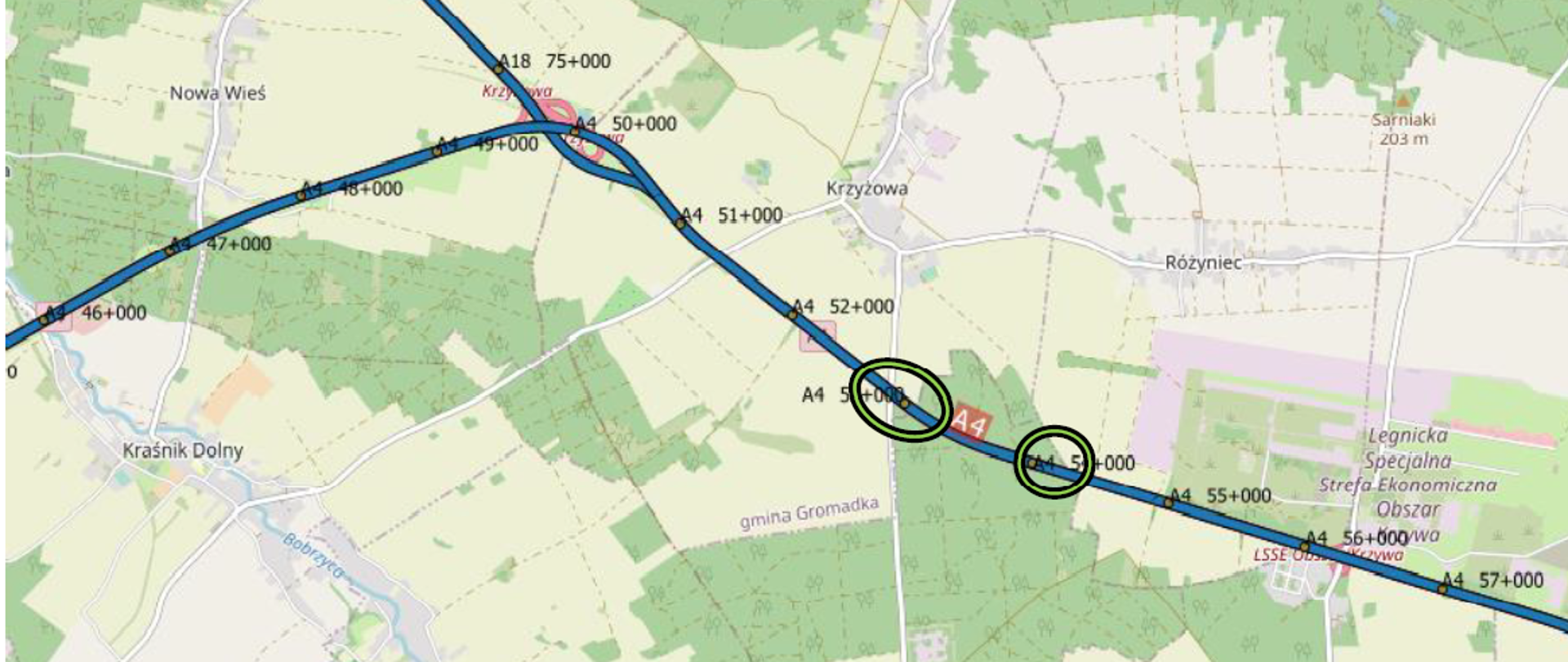 na zdjęciu widoczna mapa z przebiegiem autostrady A4. W kółku zaznaczone miejsca prowadzenia prac