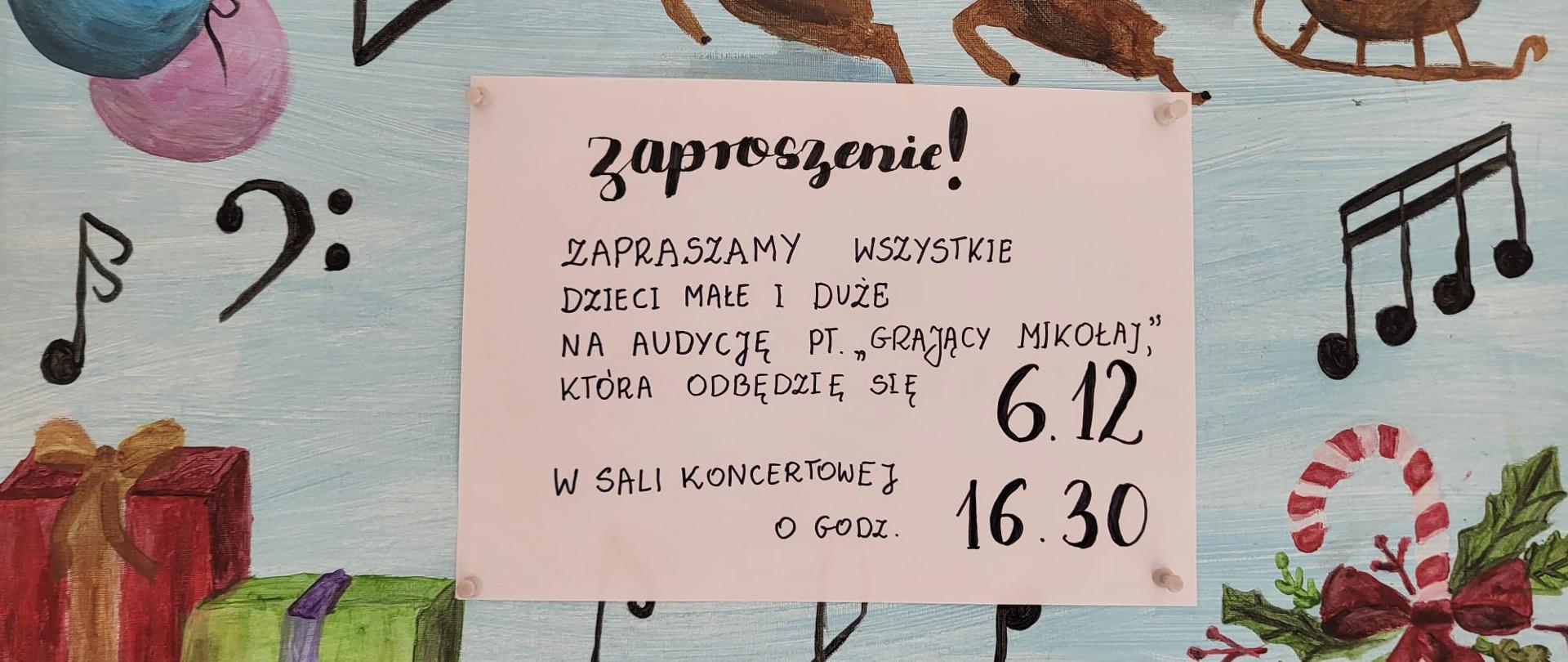 Plakat do Grającego Mikołaja, 6.12.2024 sala koncertowa PSM. Kolorowe tło z obrazkami świątecznymi, na środku napis informacyjny.