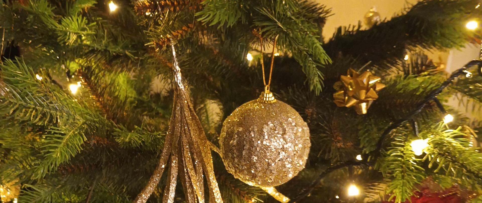 Zdjęcie przedstawiające fragment świerku choinki bożonarodzeniowej, bombki koloru złotego, lampki białe oraz inne ozdoby 