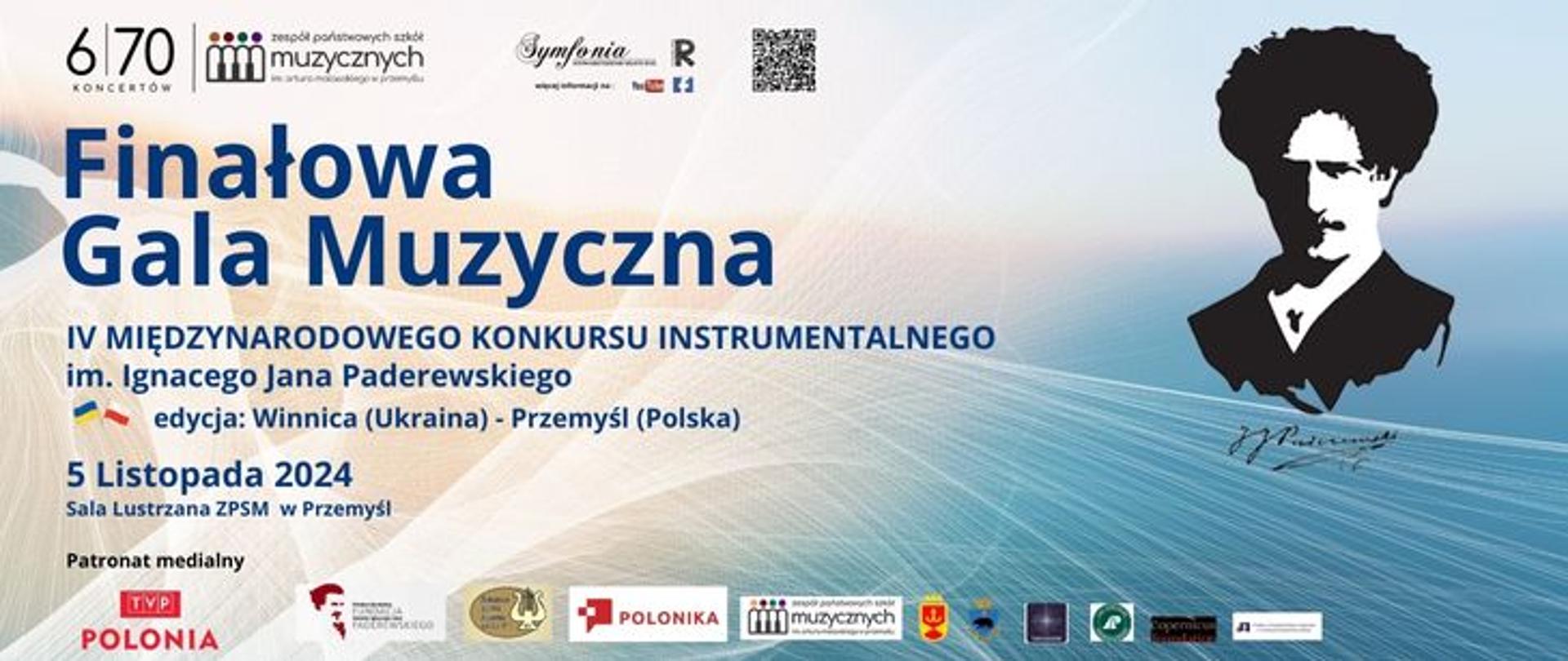 Na cieniowanym niebiesko-żółtym tle z prawej strony widnieje podobizna Paderewskiego. A lewej strony znajdują się loga szkoły, symfonii, RR, YT, FB i kod QR oraz tekst: Finałowa Gala Muzyczna IV Międzynarodowego Konkursu Instrumentalnego im. I. J. Paderewskiego edycja Winnica (Ukraina) - Przemyśl (Polska). 5 listopada 2024 sala lustrzana ZPSM w Przemyślu. Poniżej znajdują się loga sponsorów.