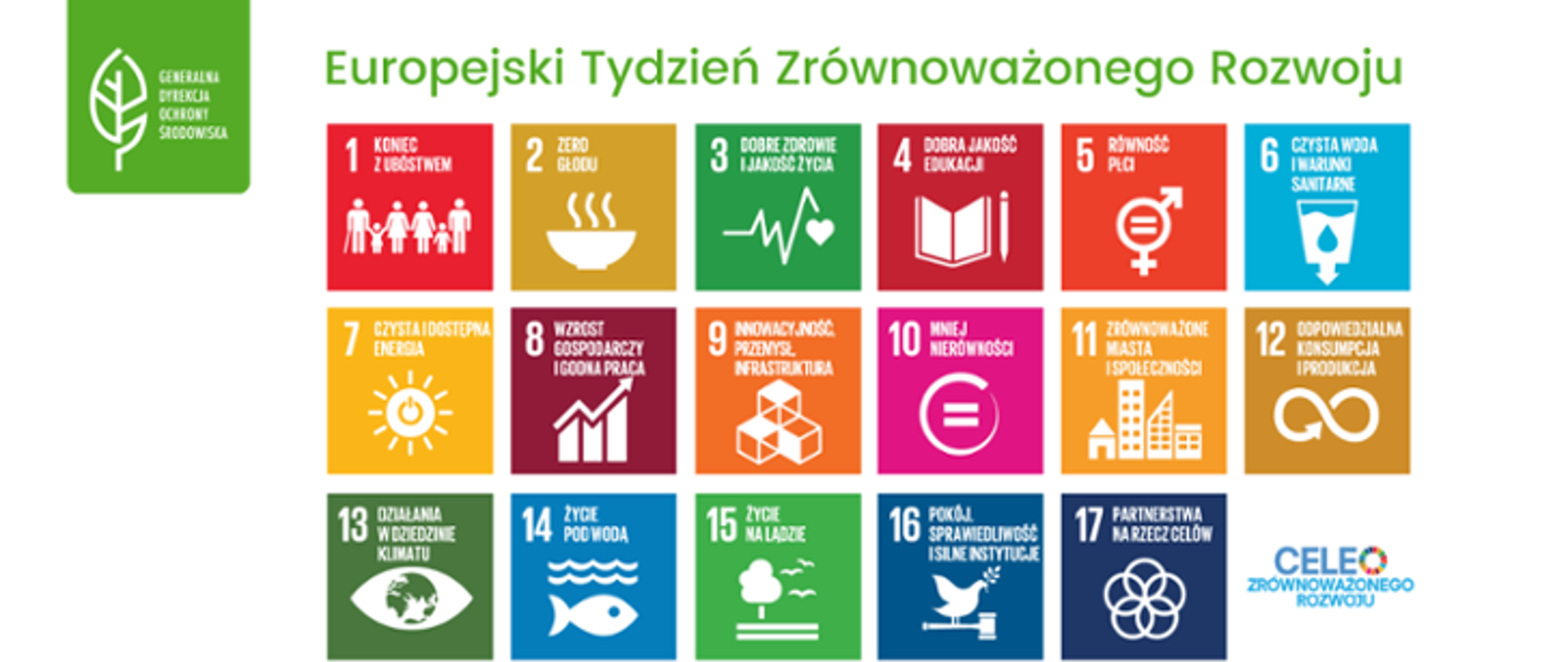 Na kolorowych kwadratach grafiki i opis 17 celów zrównoważonego rozwoju: 1. Koniec z ubóstwem. 2. Zero głodu. 3. Dobre zdrowie i jakość życia. 5. Równość płci. 6. Czysta woda i warunki sanitarne. 7.Czysta i dostępna energia. 8. Wzrost gospodarczy i godna praca. 9. Innowacyjność. Przemysł. Infrastruktura. 10. Mniej nierówności. 11. Zrównoważone miasta i społeczeństwo. 12. Odpowiedzialna konsumpcja i produkcja. 13. Działania w dziedzinie klimatu. 14. Życie pod wodą. 15. Życie na lądzie. 16. Pokój, sprawiedliwość i silne instytucje. 17. Partnerstwa na rzecz celów. 