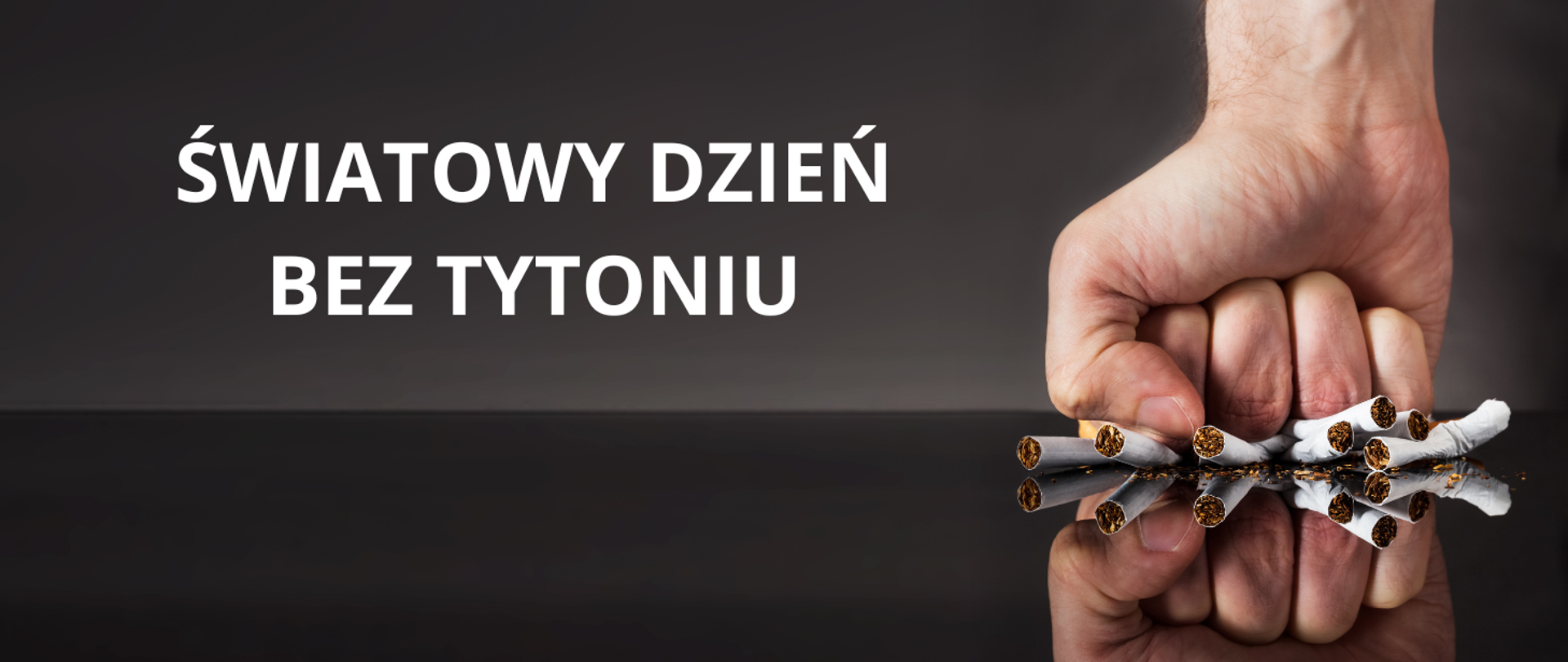 Na zdjęciu na czarnym tle z prawej strony prawa dłoń złożona w pięść zgniata siedem papierosów. Z lewej strony biały napis: Światowy Dzień Bez Tytoniu.