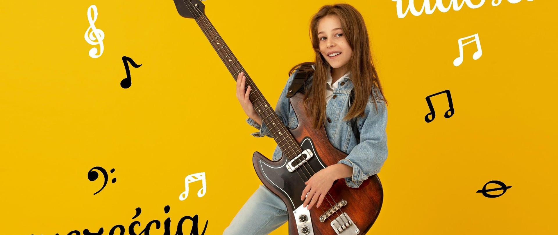 Plakat w kolorze żółtym, zdjęcie dziewczyny z gitarą. Napis: uśmiechu, radości, szczęścia radości życzy dyrektor Jerzy Suruło wraz z pracownikami PSM. U góry po lewej logo szkoły.