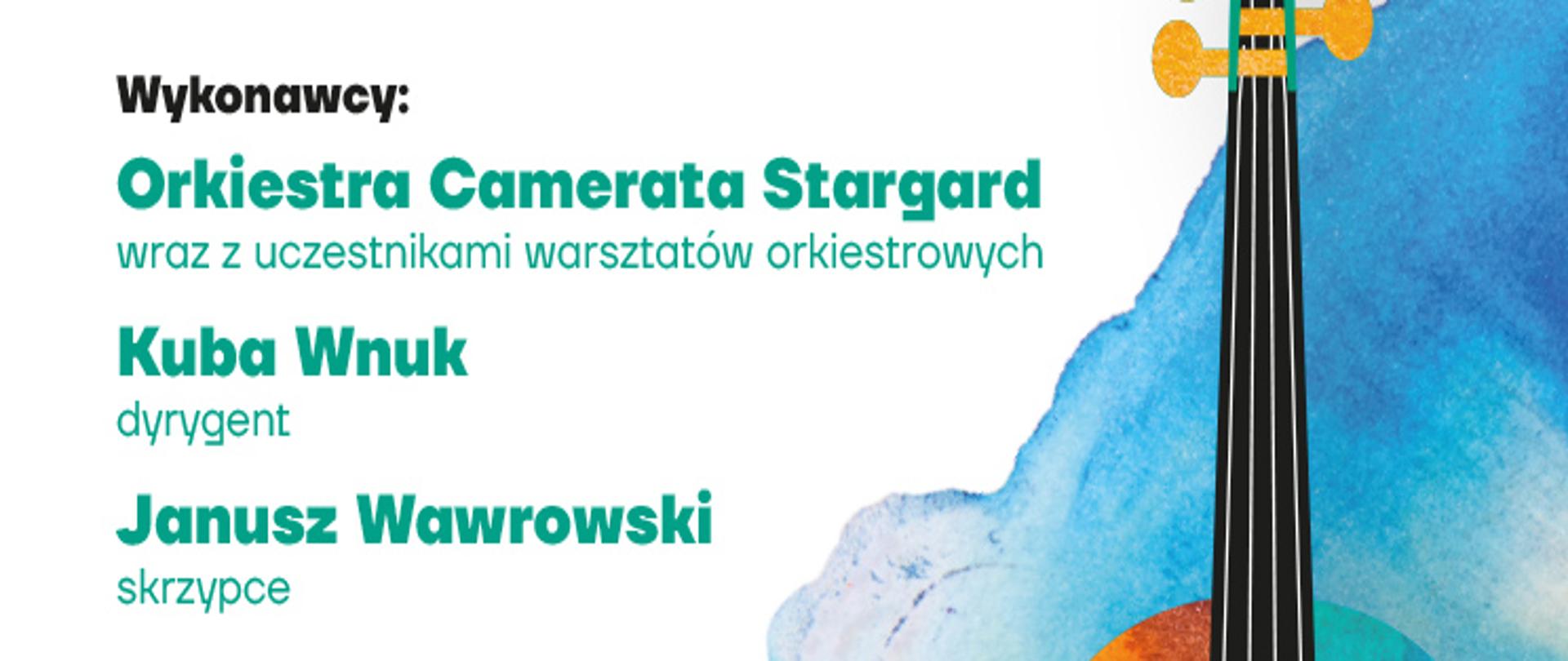 Kolorowy plakat informujący o koncercie grudniowym w wykonaniu Orkiestry Camerata Stargard wraz z uczestnikami warsztatów orkiestrowych.