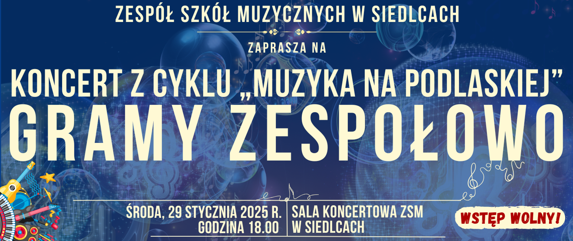 baner z ciemno niebieskim tłem elementy graficzne typu clipart oraz informacja o wydarzeniu