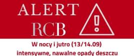 Grafika - alert RCB - w nocy i jutro (13/14.09) intensywne, nawalne opady deszczu. Alert RCB obowiązuje na terenie 11 województw. 