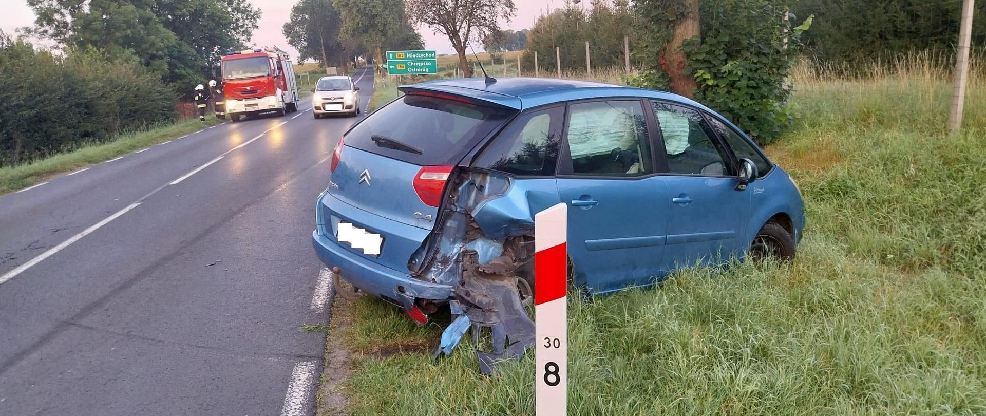 Samochód na poboczu,na drodze straż pożarna