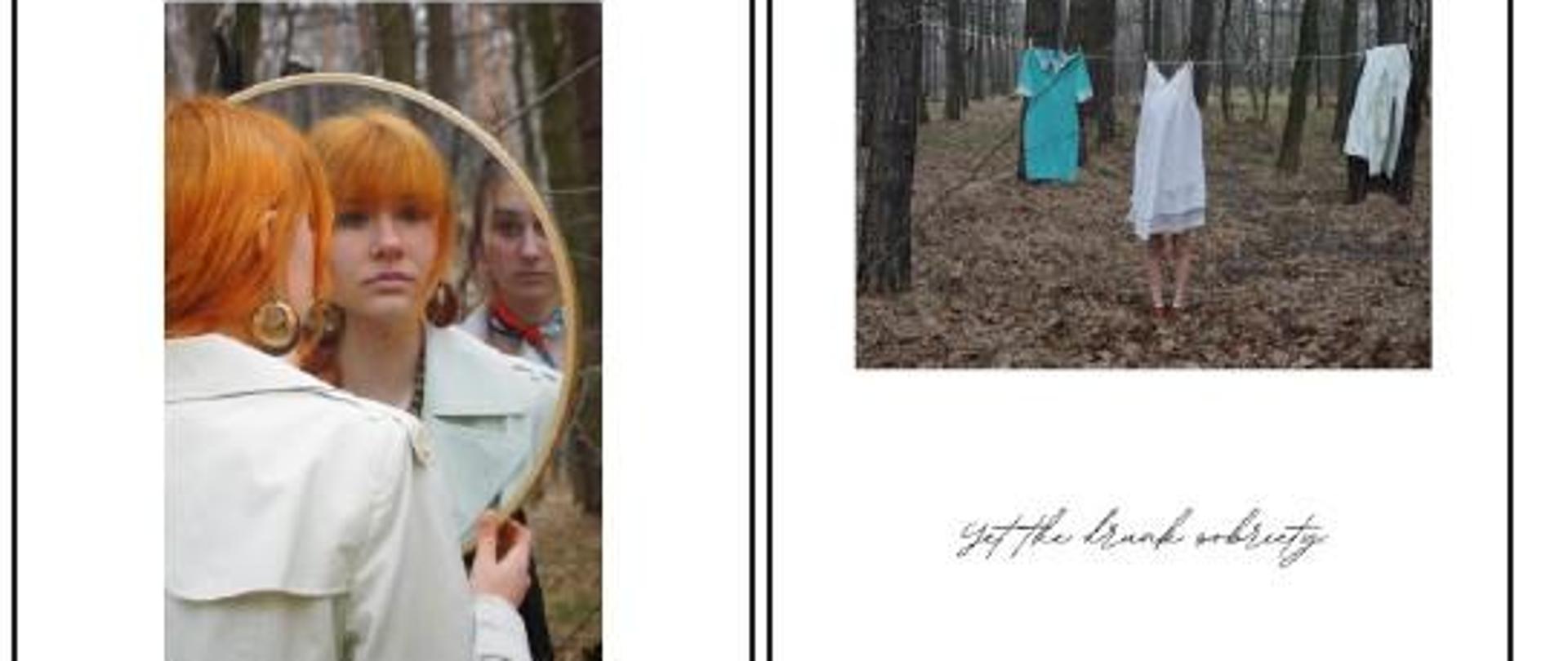 Cztery zdjęcia przedstawiające osoby i przedmioty w lesie