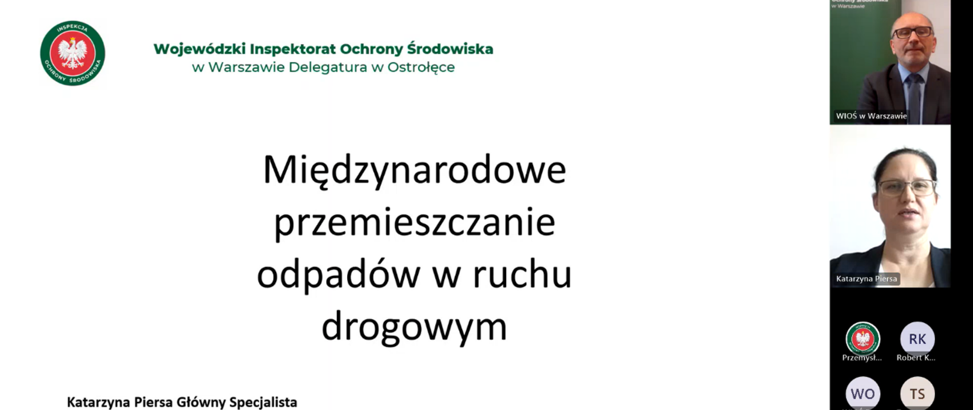 Widok slajdu tytułowego prezentacji nt. międzynarodowego przemieszczania odpadów w ruchu drogowym. Zdjęcia przedstawiają osobę moderującą kontrolę oraz osobę szkolącą.