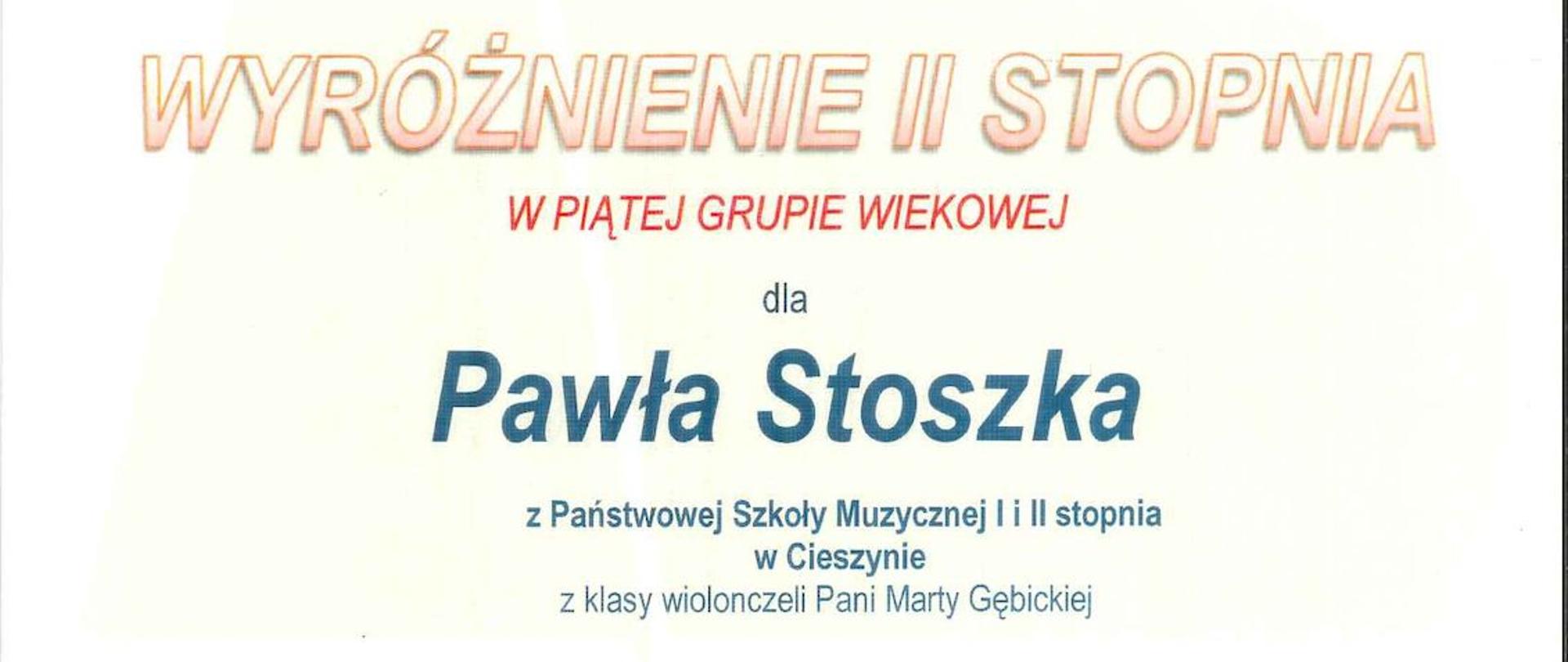 Dyplom dla Pawła Stoszka