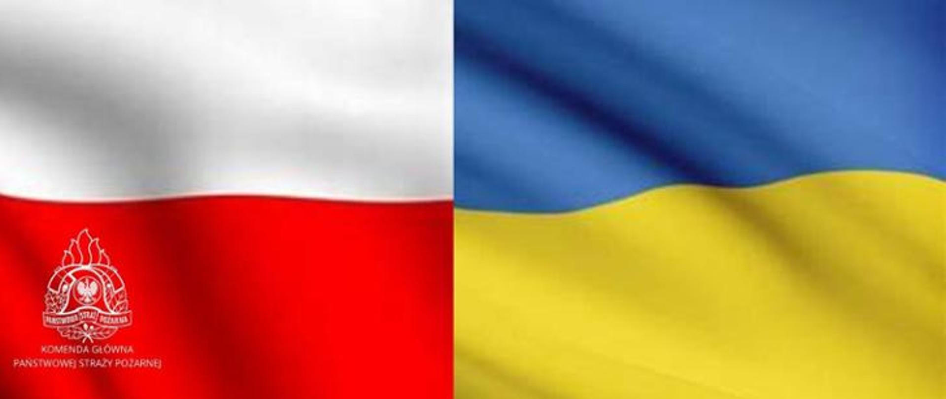 grafika przedstawia z lewej strony barwy narodowe Polski czyli biało czerwony kolor, z prawej barwy Ukrainy niebiesko żółte