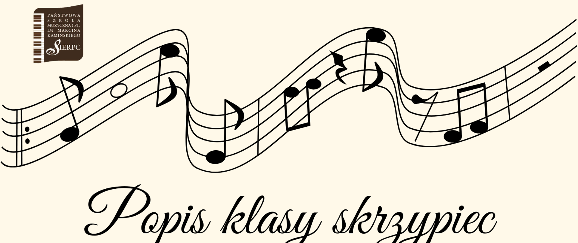 Na jasnym tle w lewym górnym rogu logo PSM I st. w Sierpcu. Pośrodku grafika skrzypiec. Pod grafiką tekst: data 21.05.2024 r., godz. 17.30, miejsce: sala koncertowa.