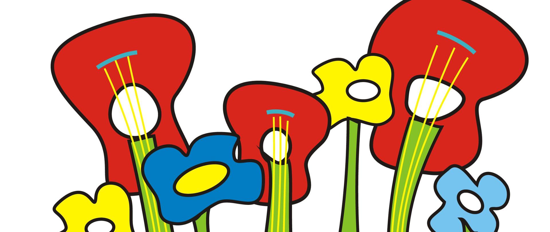 w dolnej części żółte, niebieskie i czerwone kwiaty, czerwone kwiaty w kształcie gitary, powyżej żółty motyl, całość na białym tle