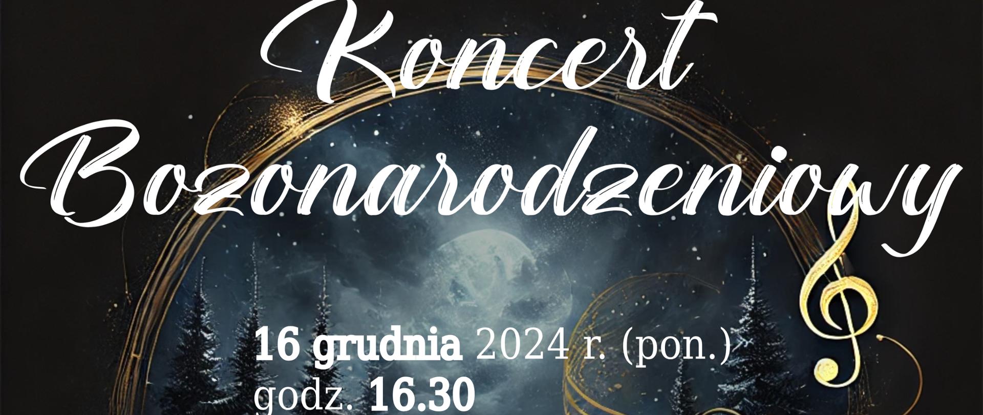 Plakat zapraszający na Koncert Bożonarodzeniowy szesnastego grudnia dwa tysiące dwudziestego czwartego roku godzina szesnasta trzydzieści w sali Kinoteatru Pasja w Iławie ulica Niepodległości trzynaście w wykonaniu uczniów, absolwentów, przyjaciół Państwowej Szkoły Muzycznej I stopnia im. Tadeusza Bairda w Iławie. W programie najpiękniejsze kolędy i utwory świąteczne, Wstęp wolny napisy w kolorze białym na czarnym tle z grafiką choinek, pięciolini z nutami i logo szkoły i Iławskiego Centrum Kultury 