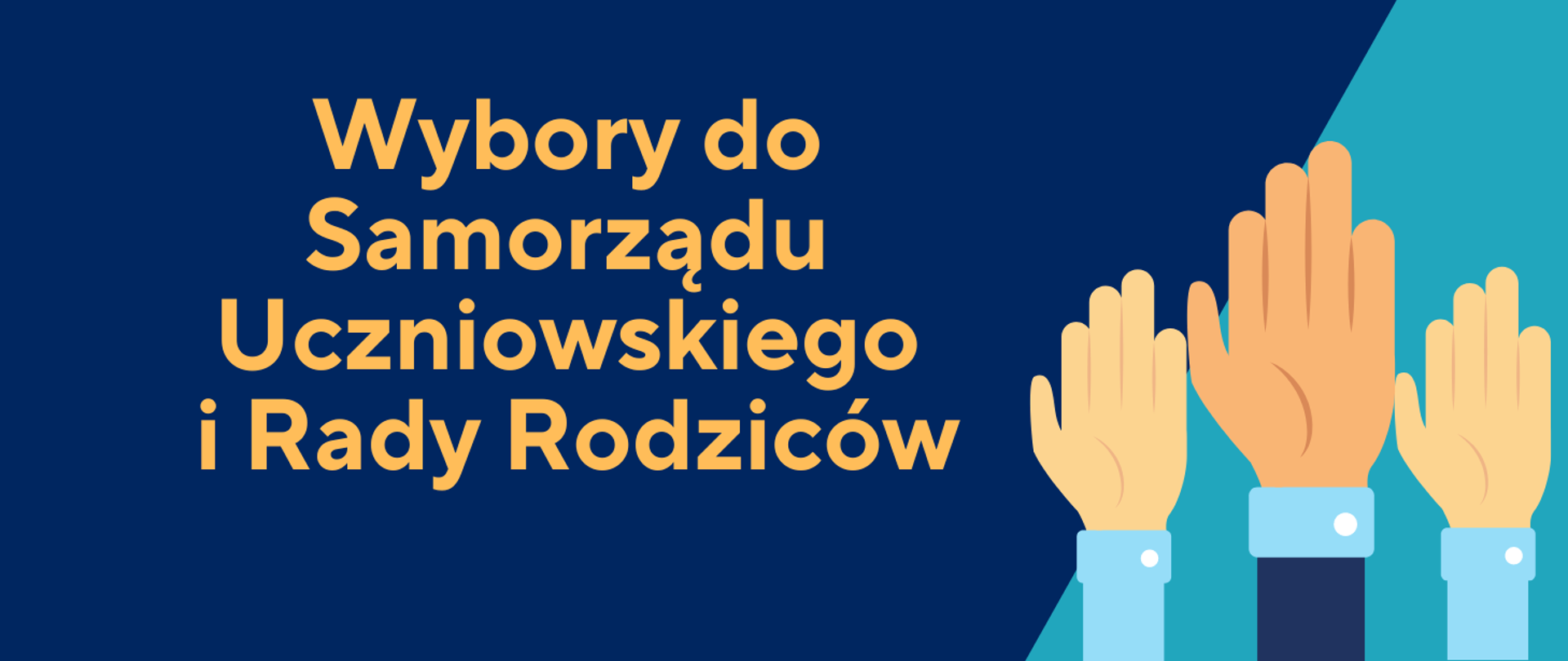 Baner z napisem Wybory do Samorządu Uczniowskiego i Rady Rodziców na fioletowym tle z grafiką podniesionych dłoni