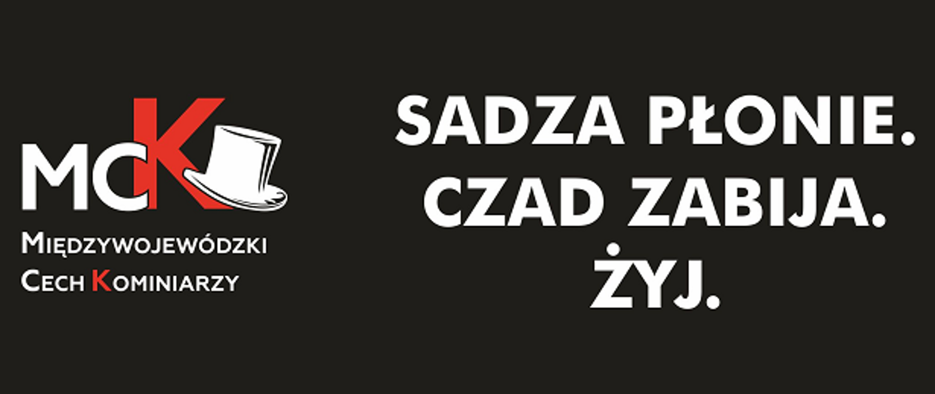 Na środku plakatu znajduje się grafika przedstawiająca kontury domy. Na górze widnieje napis "Sadza płonie. Czad Zabija. Żyj.". Na dole umieszczono loga instytucji patronujących.