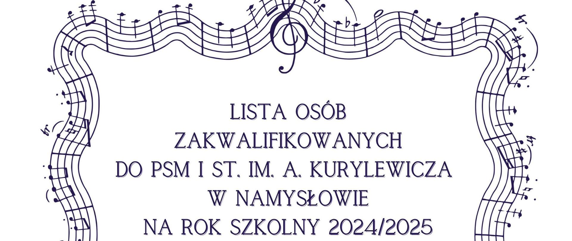 Plakat na białym tle z wpisem" Lista osób zakwalifikowanych do PSM I st. im. Andrzeja Kurylewicza w Namysłowie w roku szkolnym 2024/2025" otoczonym ramką z nutkami.
