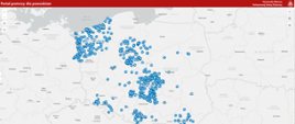 Mapa, przygotowana przez Komendę Główną Państwowej Straży Pożarnej, dotycząca lokalizacji punktów zbiórek darów dla powodzian. 