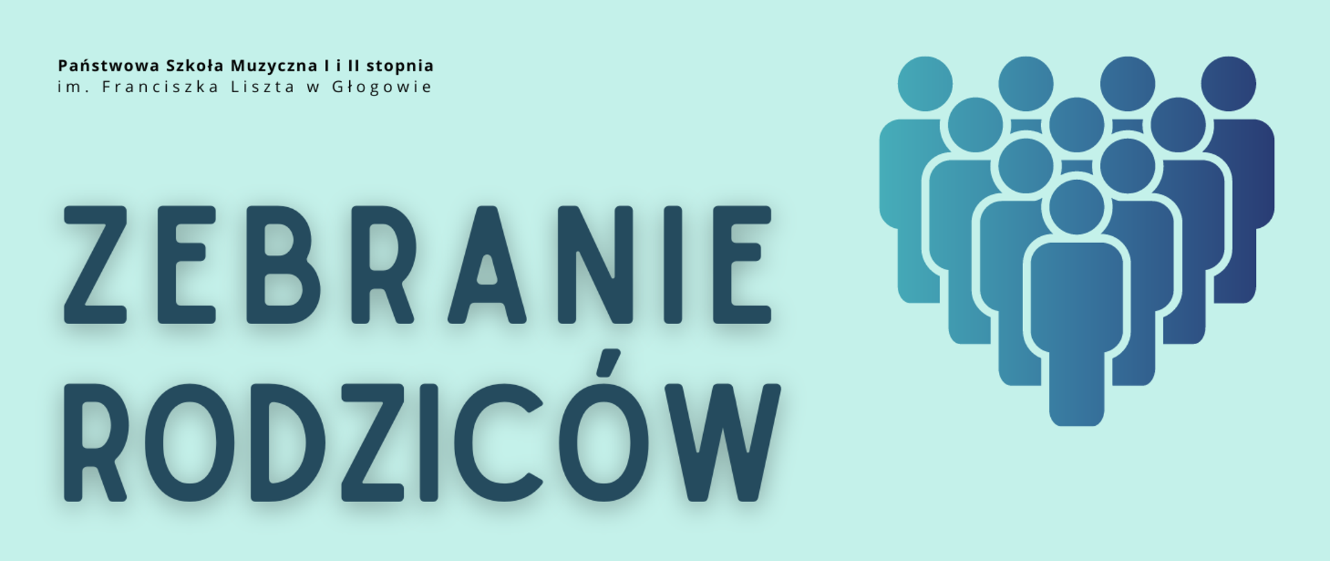 Duży napis w dwóch rzędach w środkowej i dolnej części obrazu: "ZEBRANIE RODZICÓW", litery ciemnoniebieskie. W prawym górnym rogu pełna nazwa szkoły ułożona w dwóch rzędach, litery czarne. W prawej części ikonografika grupy sylwetek ludzkich w odcieniach koloru niebieskiego (gradient od jasnych odcieni z lewej strony, do ciemnych z prawej).