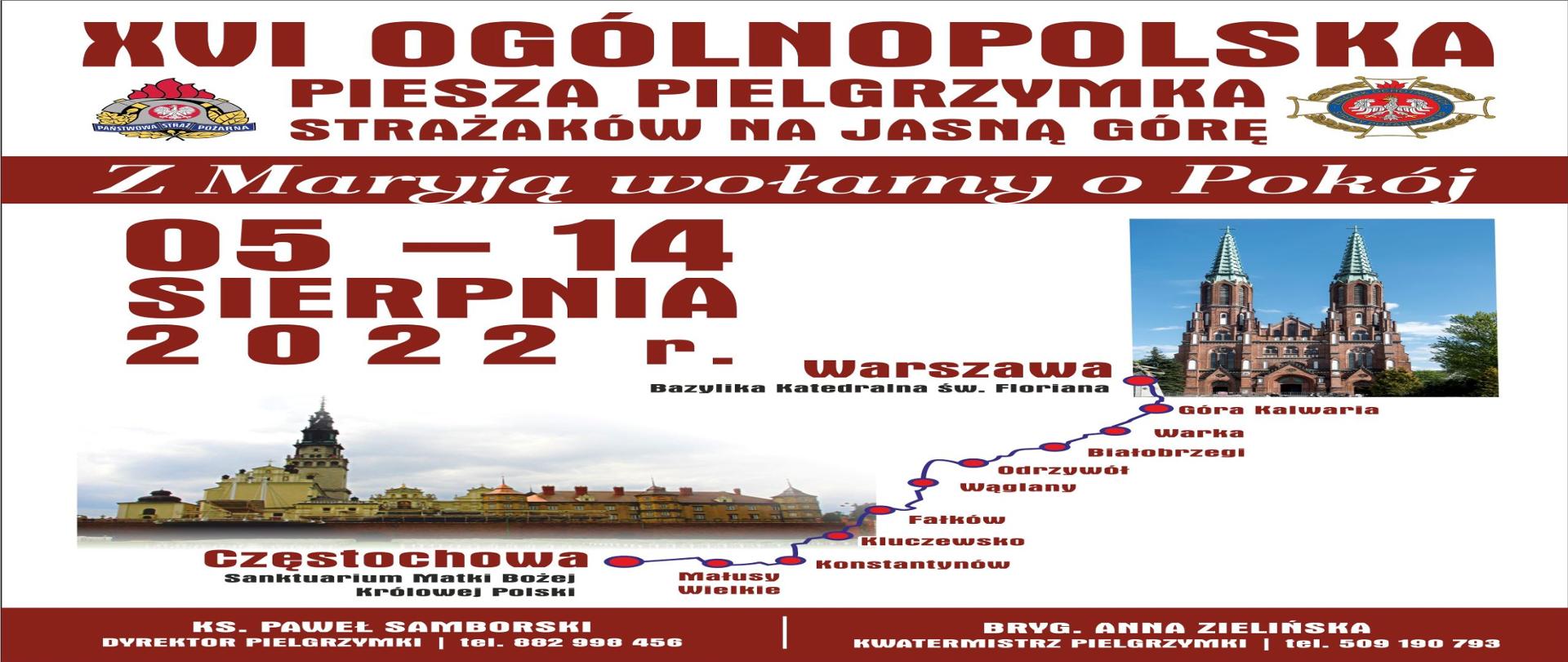 Informacja dotycząca XVI Ogólnopolskiej Pieszej Pielgrzymki Strażaków na Jasną Górę organizowanej w dniach 5-14 sierpnia 2022 roku. Telefony kontaktowe w sprawie organizacji pielgrzymki 882998456, 509190793