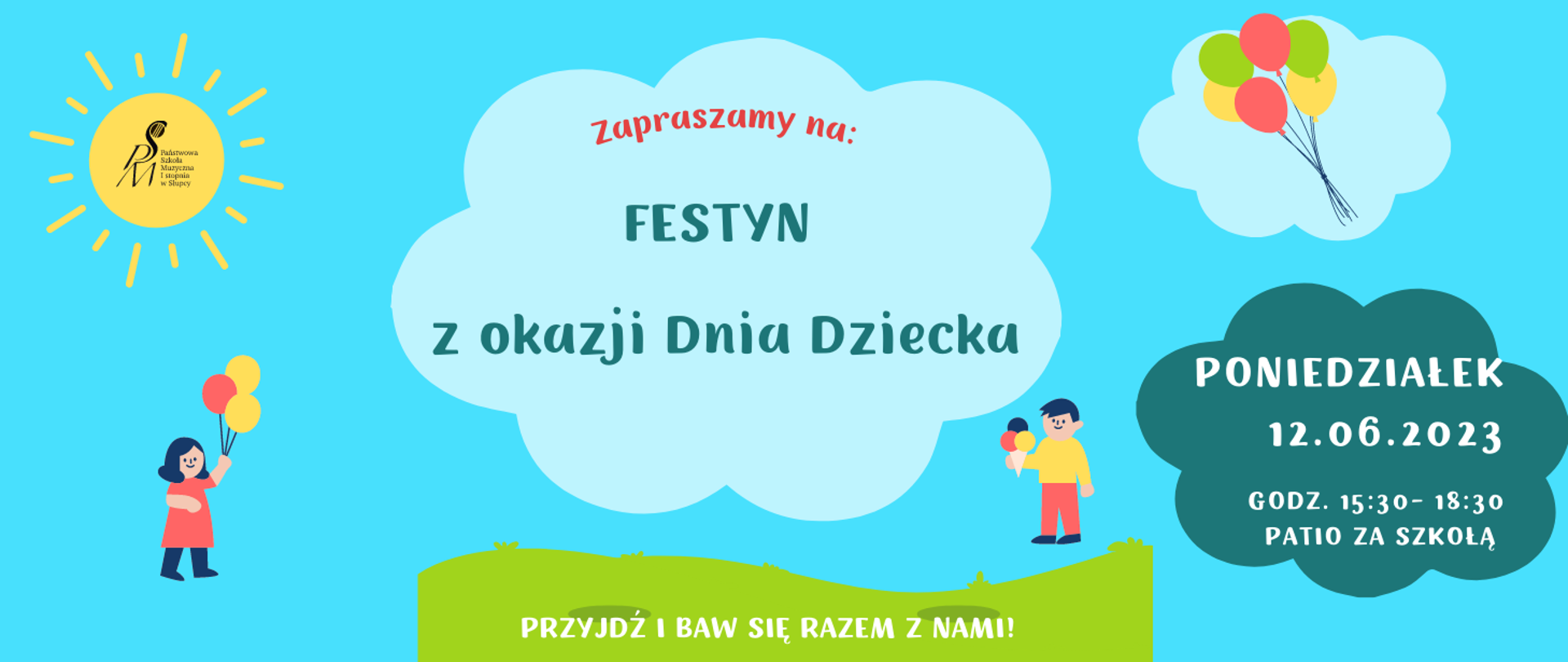 informacje o festynie szkolnym, grafika chmurek, słońca, baloników, wszystko na błękitnym tle