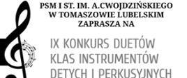 plakat graficzny na białym tle przedstawiający z lewej strony czarny klucz wiolinowy z nutkami, od góry nazwa szkoły, poniżej zaproszenie na konkurs duetów