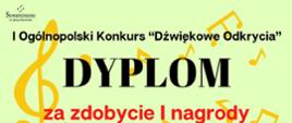 Zdjęcie przedstawia dyplom I nagrody uzyskany przez uczennicą Marię Kaczmarek. W tle dyplomu nuty i klucze wiolinowe. W centralnej części dyplomu znajduje się zdjęcie laureatki.