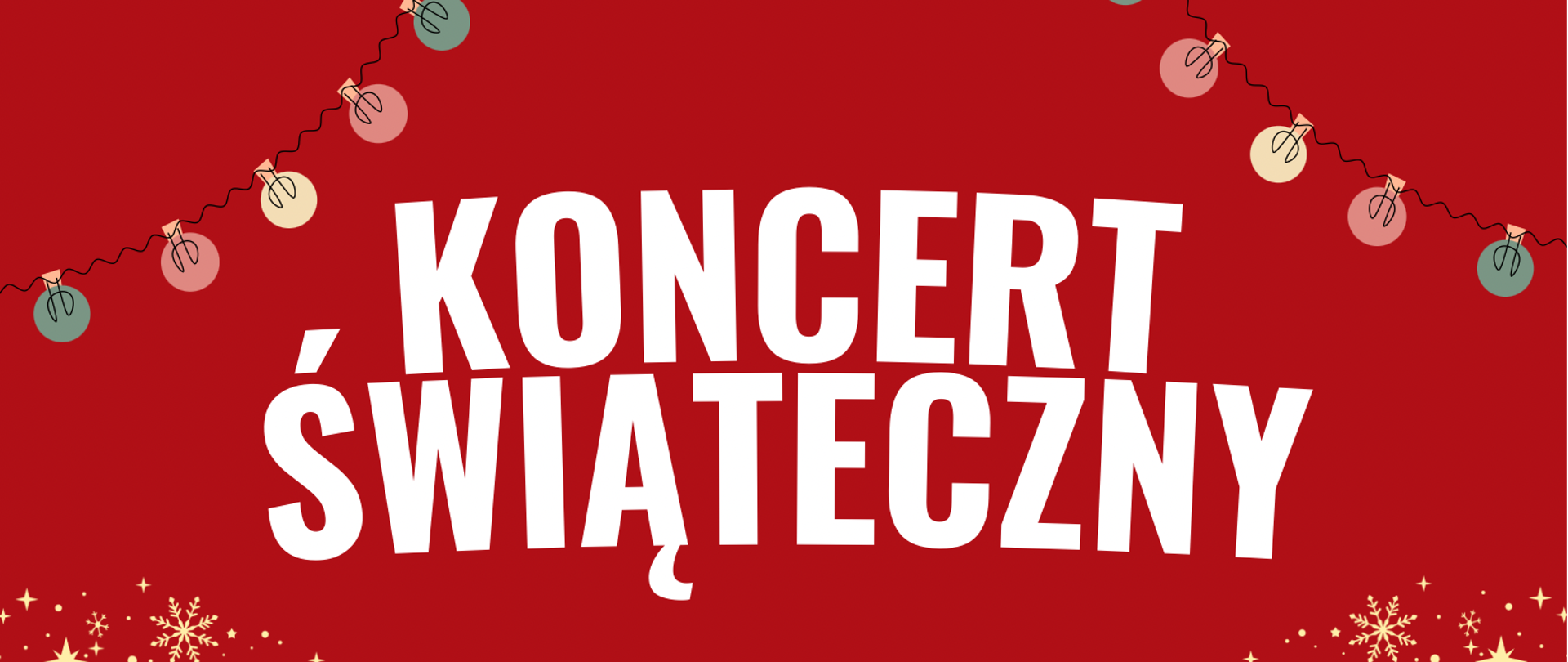 Plakat koncertu świątecznego w hotelu Górecki w Lidzbarku Warmińskim. Na czerwonym tle na górze plakatu napis koncert świąteczny w kolorze białym. W prawym i lewym górnym rogu kolorowe bombeczki. Poniżej program napisany złotymi literami. W lewym i prawym dolnym rogu zielone choinki z ozdobami. Na dole plakatu data, godzina i miejsce koncertu.