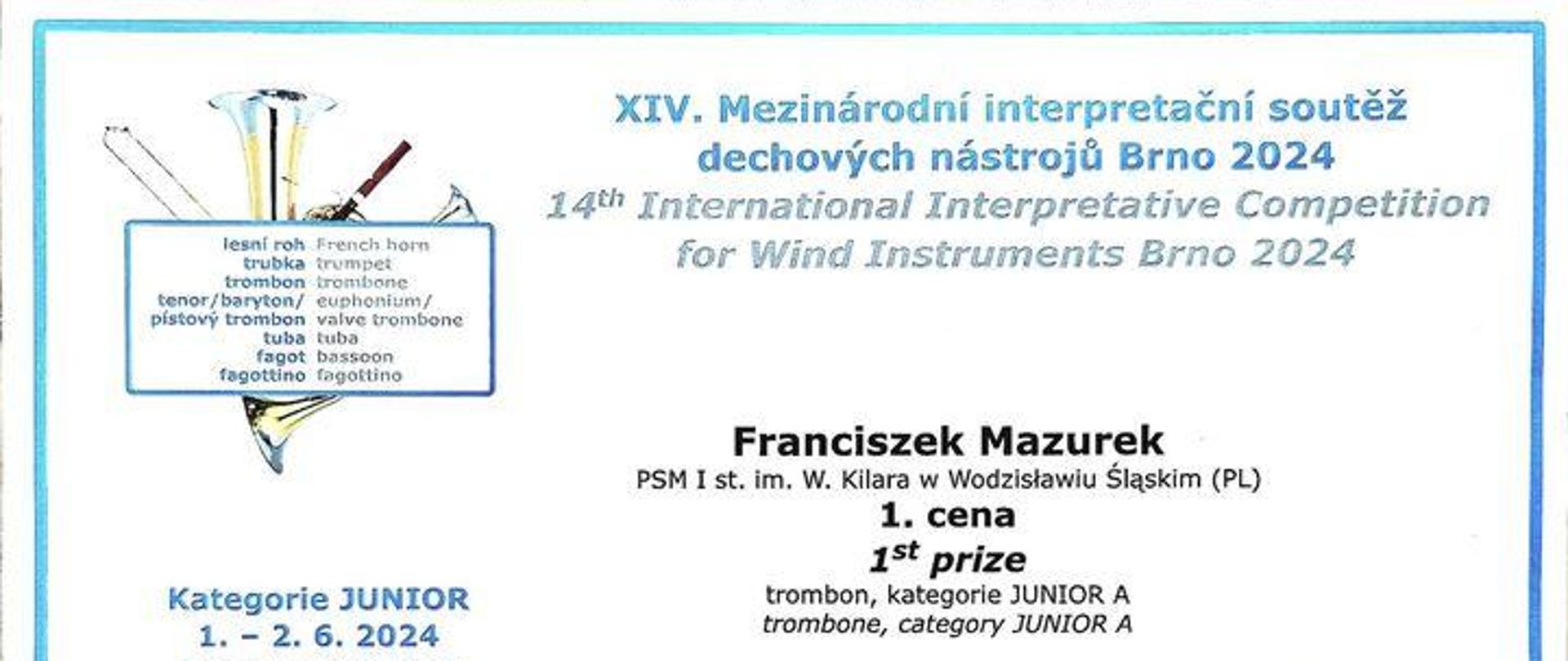 Dyplom 1 miejsca Franciszek Mazurek XIV Mezinarodni interpretacni soutez dechovych nastroju Brno 2024